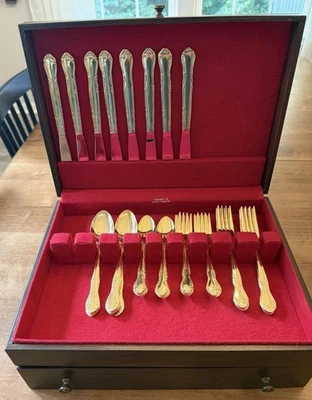 8 Piece Gold/mixed Tone Flatware In Vintage Case With Red Lining - Image 1 of 4