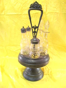 17" SILVERPLATE CONDIMENT CRUET SET FROSTED SWIRL GLASS & FLORAL ENGRAVING BASE - Picture 1 of 10