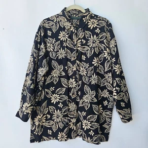 Harve Benard Linen Blend Black Tan Floral Botton Up Shirt Blouse -Large - Picture 1 of 7