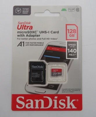 Sandisk Ultra 128GB MicroSD with SD Adapter A1 140MB/s Full HD Video NEW - Image 1 of 3