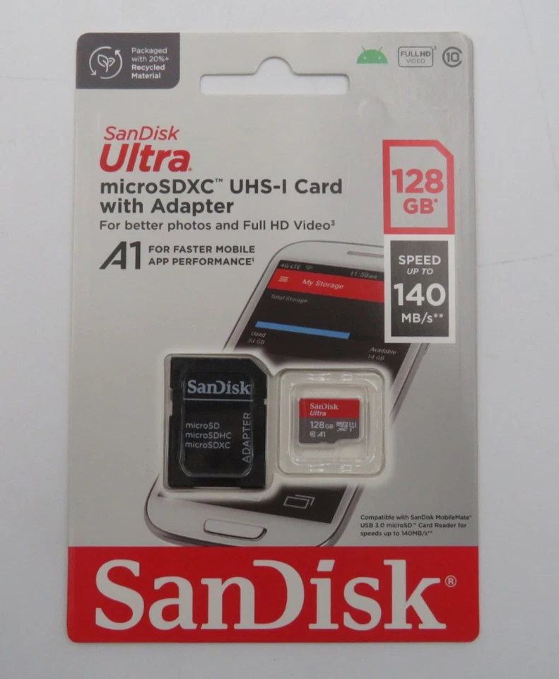 Sandisk Ultra 128GB MicroSD with SD Adapter A1 140MB/s Full HD Video NEW - Image 1 of 3