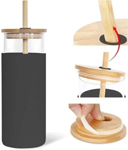 16oz Glass Tumbler With Bamboo Straw/Lid Silicone Protective Sleeve - BPA Free - Picture 1 of 3