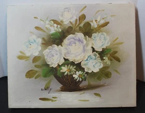 Vintage 1980s Oil Painting White Floral Flowers & Daisys “Signed Wally" - Picture 1 of 7