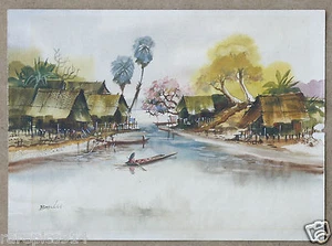 Vietnamese Artist Boonlue Landscape Vintage  Watercolor Hand signed Painting 60s - Picture 1 of 1