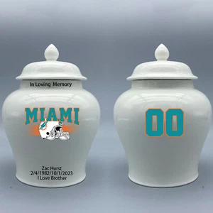Mittelgroße Keramikurne für Miami Dolphins Fußballmotiv, Wunschtext & Nummer - Bild 1 von 5