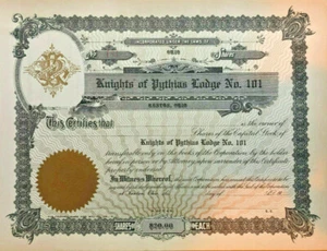 Ritter von Pythias Loge Nr. 101 Kenton Ohio Aktienzertifikat - Bild 1 von 1