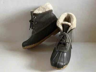 Sporto Degas II Duck Boots Women’s 8M Gray Leather Green Rubber Faux Fur Lining - Image 1 of 4
