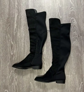 Rue 21 Womens Goth Boot Black Faux Suede Nylon Over the Knee Zipper Block Heel 7 - Picture 1 of 8