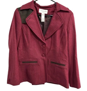Liz Claiborne Woolmark Blend Blazer Red Brown Accent Faux Suede Trim Sz 12P - Picture 1 of 18