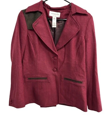Blazer Liz Claiborne Mezcla Marca Lana Rojo Marrón Acento Imitación Gamuza Borde Talla 12P Foto 1 de 4