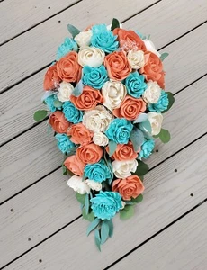 Coral Turquoise Bridal Bouquet Sola Wood Cascade Blue Tropical Wedding Flowers - Picture 1 of 2