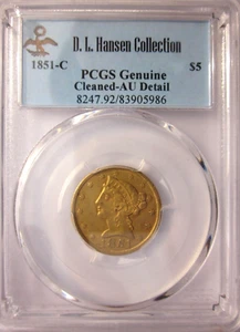 1851-C LIBERTY HEAD HALF EAGLE $5 DOLLAR GOLD COIN PCGS AU DE CLE RARE CHARLOTTE - Picture 1 of 4
