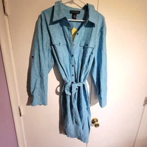 Dialogue Womens Shirt Dress Plus Size P1X Blue Linen Blend Belt Button Down*NWT! - Picture 1 of 11