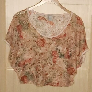 Charlotte Russe Womens Pink Peach Floral Sheer Lace Cropped Top Medium - Picture 1 of 5
