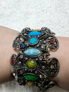 Ornate Vintage Cuff Bracelet Metal Silver Tone Multicolor MISSING SOME STONES  - Picture 1 of 6