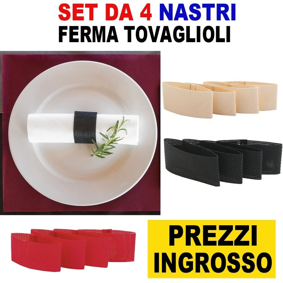 INGROSSO PER SET DA 4 NASTRO FERMA TOVAGLIOLI IN TNT NERO ROSSO BEIGE PORTA - Immagine 1 di 3