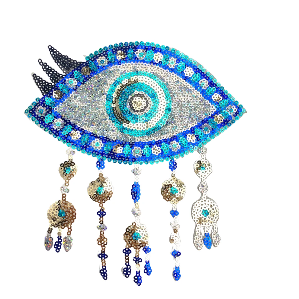 Evil Eye Sequin Patch Blue Gold Turquoise IRON-ON Applique Swinging Ornaments - Image 1 of 2