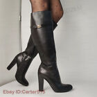 Women Knee High Boots Faux Leather Full Zipper Round Toe Thick High Heels Boots
