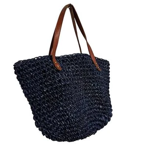 J. Jill große blaue Hobo Handtasche aus geflochtenem Stroh mit braunen Lederriemen - Bild 1 von 7