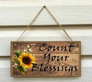 SUNFLOWER Wooden Wall Sign Plaque "COUNT YOUR BLESSINGS" --- Size 5.5" x 11" - Picture 1 of 2