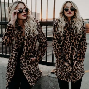 Damen Mantel Kunstpelz Leopardenmuster Lady Winter Warm Parka Jacke Trenchcoat - Bild 1 von 16