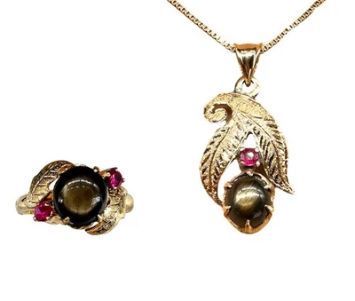 10k Rose Gold Ring & Necklace Set • Ruby & Cat Eye Black Sapphire • 14k - Image 1 of 4