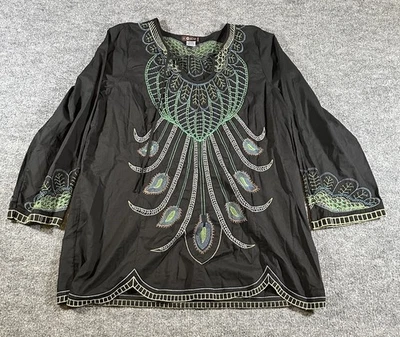 XCVI Womens 1X Plus Size Black Blouse Floral Embroidered Trim Flowy Boho EUC - Image 1 of 4