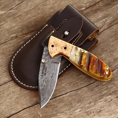 Handmade Damascus Folding Knife Engraved Brass Bone Handle with Leather Sheath - Image 1 of 4