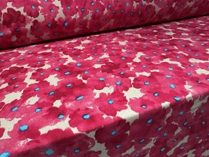 Marocain Webstoff Kleiderstoff, Meterware - Mohnblumenmuster - Cerise & Creme - Bild 1 von 3