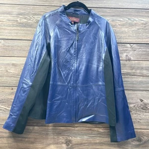 Hal Rubenstein Blue Navy Leather Jacket Coat Lined Ponte Stretch SZ 2X C101687 - Picture 1 of 7