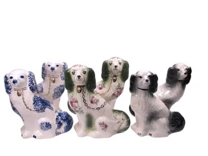 3 Pairs of Staffordshire Style Pottery Wally Spaniels Blue Grey Green Preloved - Picture 1 of 24