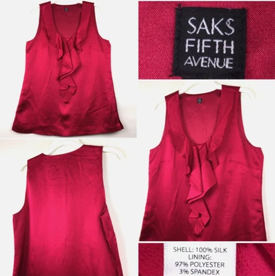 Top Saks Fifth Avenue para mujer pequeño (36 pulgadas busto) rojo seda con volantes sin mangas Foto 1 de 4