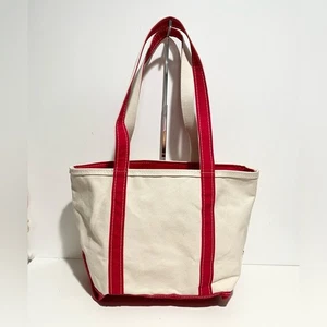 LL Bean Vintage Medium Boat and Tote Red and Cream Tote Bag Carry Travel Canvas - Picture 1 of 13