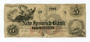 1863 $5 The New Ipswich Bank - New Ipswich, NEW HAMPSHIRE (CTFT.) Note - Picture 1 of 2