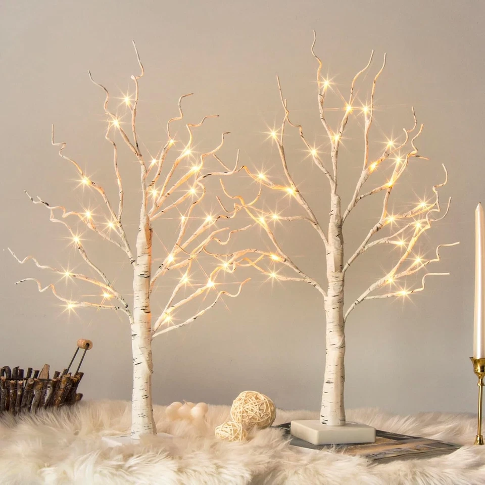 2ft 24lt Pre Lit White Birch Tree Decorative Light Tabletop Set of 2