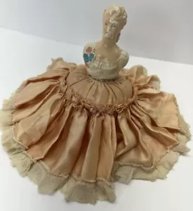 Antique Victorian Hat Pin Cushion Half Chalkware Lady Satin Lace Dress Peach - Picture 1 of 13