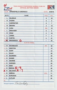 8-30-10 Springfield Cardinals Game Used Lineup Card - Matt Carpenter - Picture 1 of 1