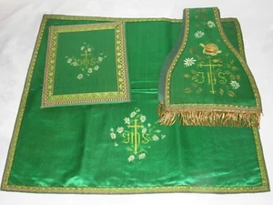02F3 ENSEMBLE ÉTOLE LINGE AUTEL BOURSE DE PRÊTRE PEINT A LA MAIN RELIGION XIXe - Foto 1 di 12