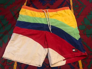 Rare 90s vintage tommy hilfiger Rainbow Colorblock Swim Trunk shorts Size Large - Picture 1 of 9