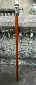 Antique Silver Long Skull Handle Vintage Walking Stick Cane Wooden Wands Finish - Picture 1 of 5