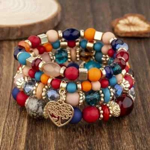 Azurblau oder Herbstfarben, 4fach- Perlen Stretch Armband für Damen mit Herz - Bild 1 von 5