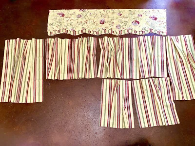 NUEVO SIN ETIQUETAS ~ Juego de 9 piezas mezcla de algodón ~ rayas amarillas/rojas/aguacate + cortinas florales de café + valanc Foto 1 de 4