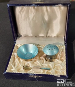 Ela Denmark Sterling Silver 925 Enamel Salt Dish Mushroom pepper Turquoise - Picture 1 of 10
