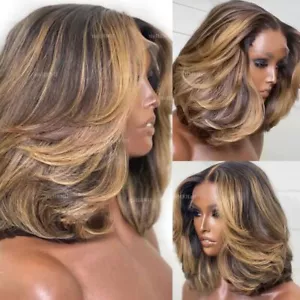 Parrucche corte a strati ondulate bob pizzo davanti capelli umani biondo marrone evidenziatore donna - Foto 1 di 12