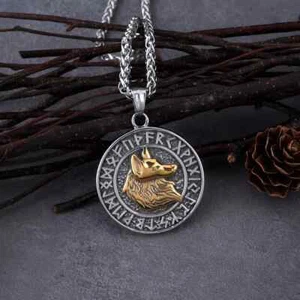 Men's Stainless Steel Chain & Viking Pendant Gold Tone Wolf Head Nordic Runes - Picture 1 of 10