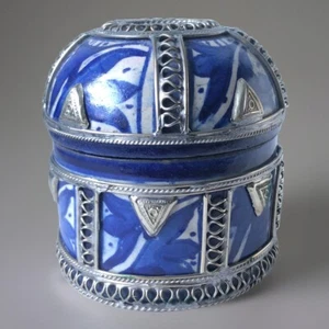 Vintage Moroccan Ceramic Jar Lidded With Silver Overlay - Picture 1 of 12