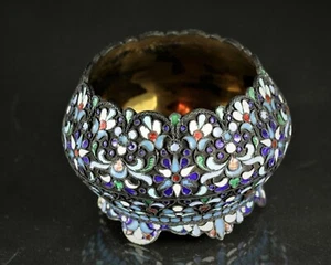 с.1875 RUSSIAN CLOISONNÉ HM 84 SILVER GILT ENAMEL SALT CELLAR SIGNED - Picture 1 of 8