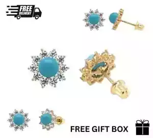14k Solid Yellow Gold Turquoise Flower Shape Screw Back Stud Earrings Gift - Picture 1 of 8