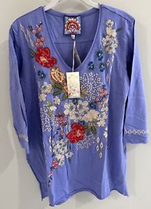 NWT Johnny Was Blue Floral  “Keegan Embroidered Tee” Size S $160