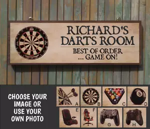 SPIELZIMMERSCHILD DARTS SCHILD GESCHENK FÜR DARTSPIELER DRINNEN AUSSEN PERSONALISIERTES SCHILD - Bild 1 von 22